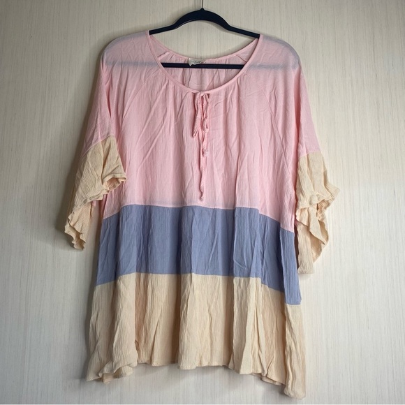 1.4.3. Story by Line Up Tops - 143 Story By Line Up Color-block Tye Front Women’s Shirt Pink/Blue/Cream 2X
